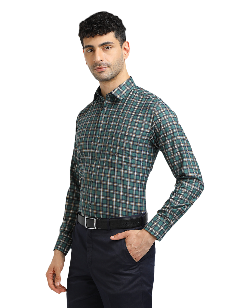 Model wearing Clarke Gable's Green With White Checked Formal Shirt in a casual setting