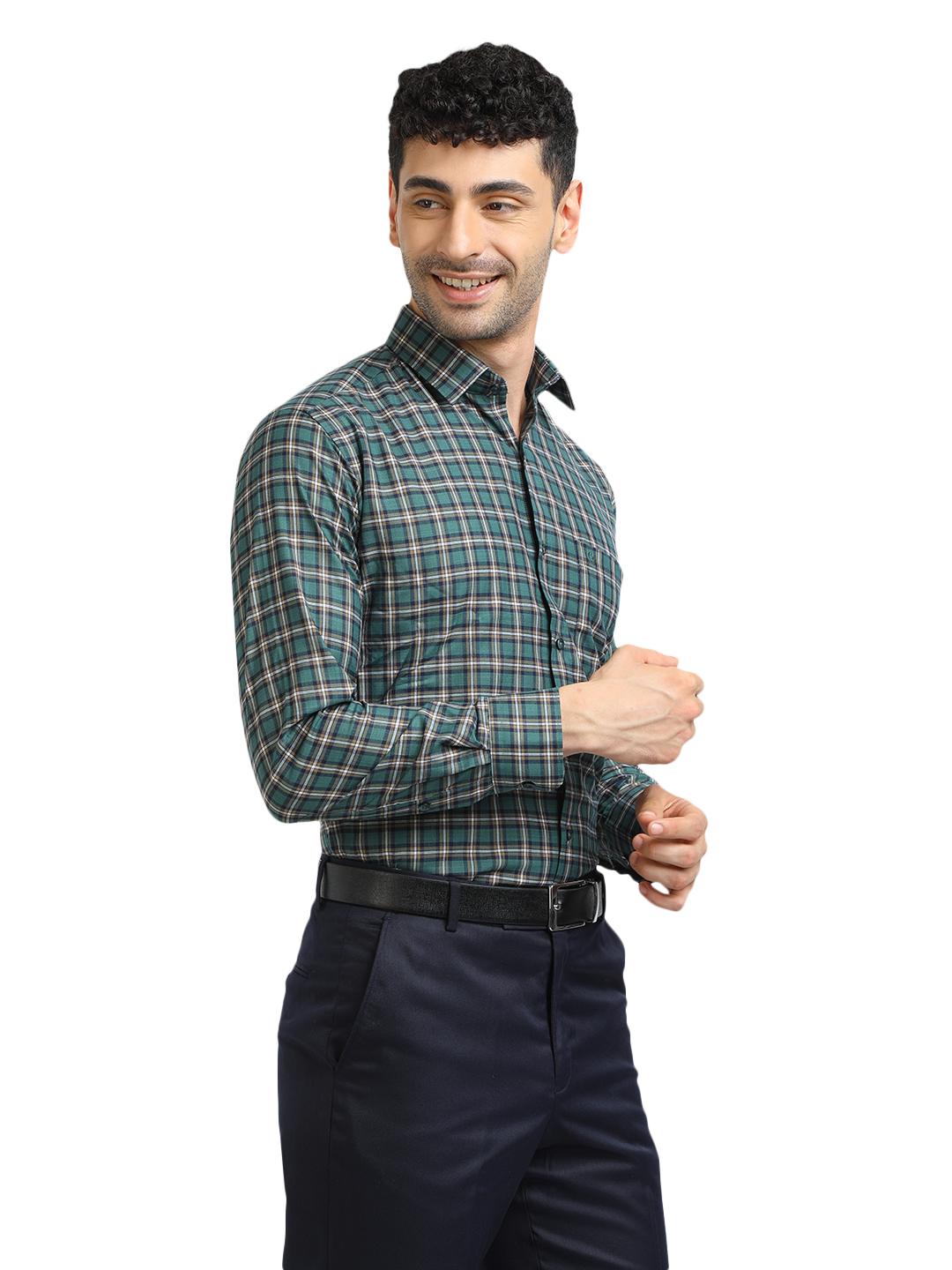 Model wearing Clarke Gable's Green With White Checked Formal Shirt in a casual setting