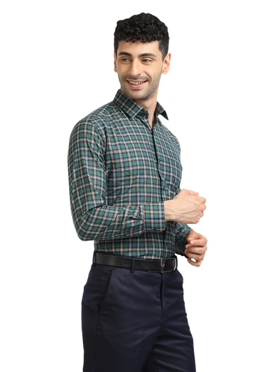Model wearing Clarke Gable's Green With White Checked Formal Shirt in a casual setting