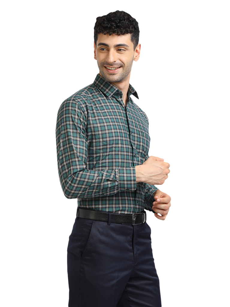 Model wearing Clarke Gable's Green With White Checked Formal Shirt in a casual setting