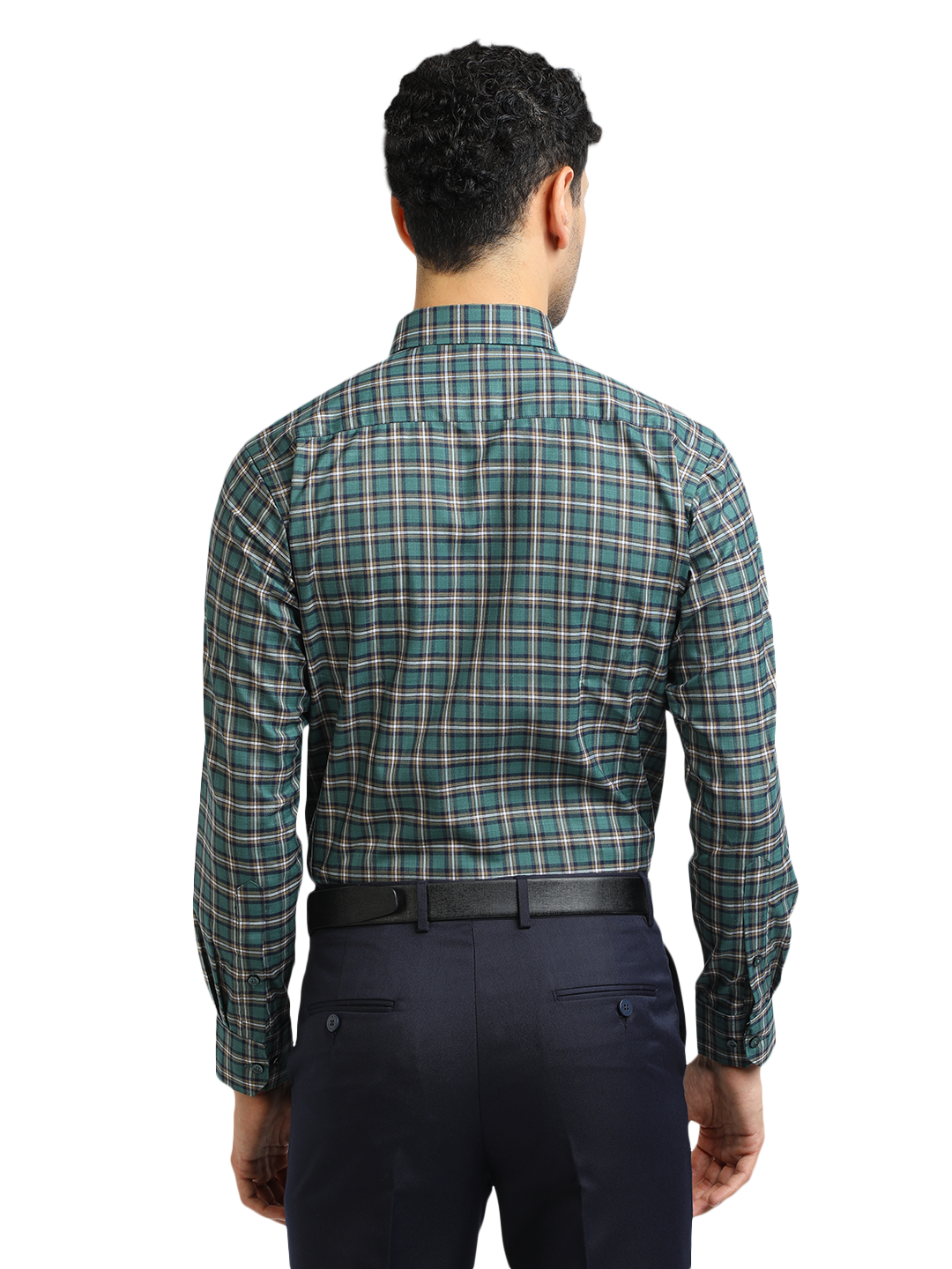 Model wearing Clarke Gable's Green With White Checked Formal Shirt in a casual setting