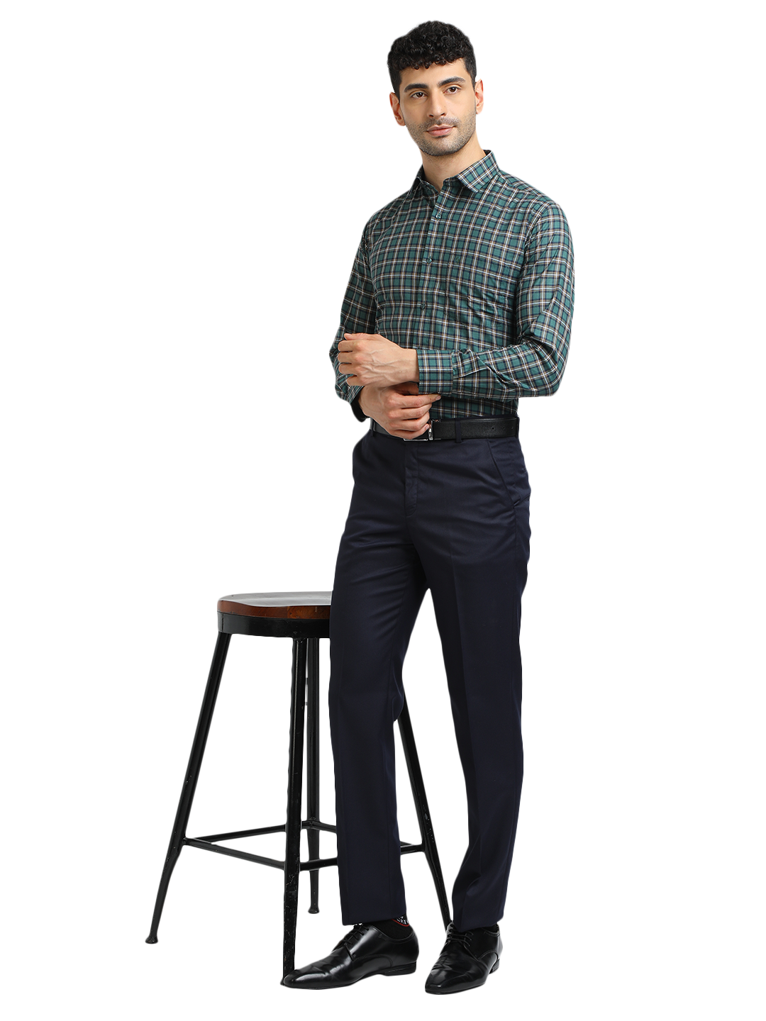 Model wearing Clarke Gable's Green With White Checked Formal Shirt in a casual setting