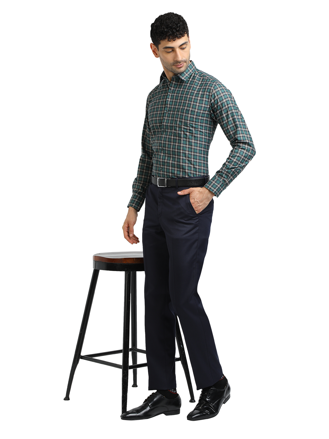 Model wearing Clarke Gable's Green With White Checked Formal Shirt in a casual setting