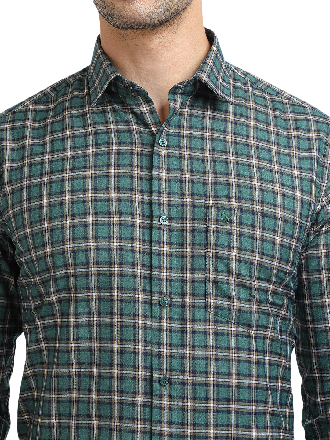 Model wearing Clarke Gable's Green With White Checked Formal Shirt in a casual setting