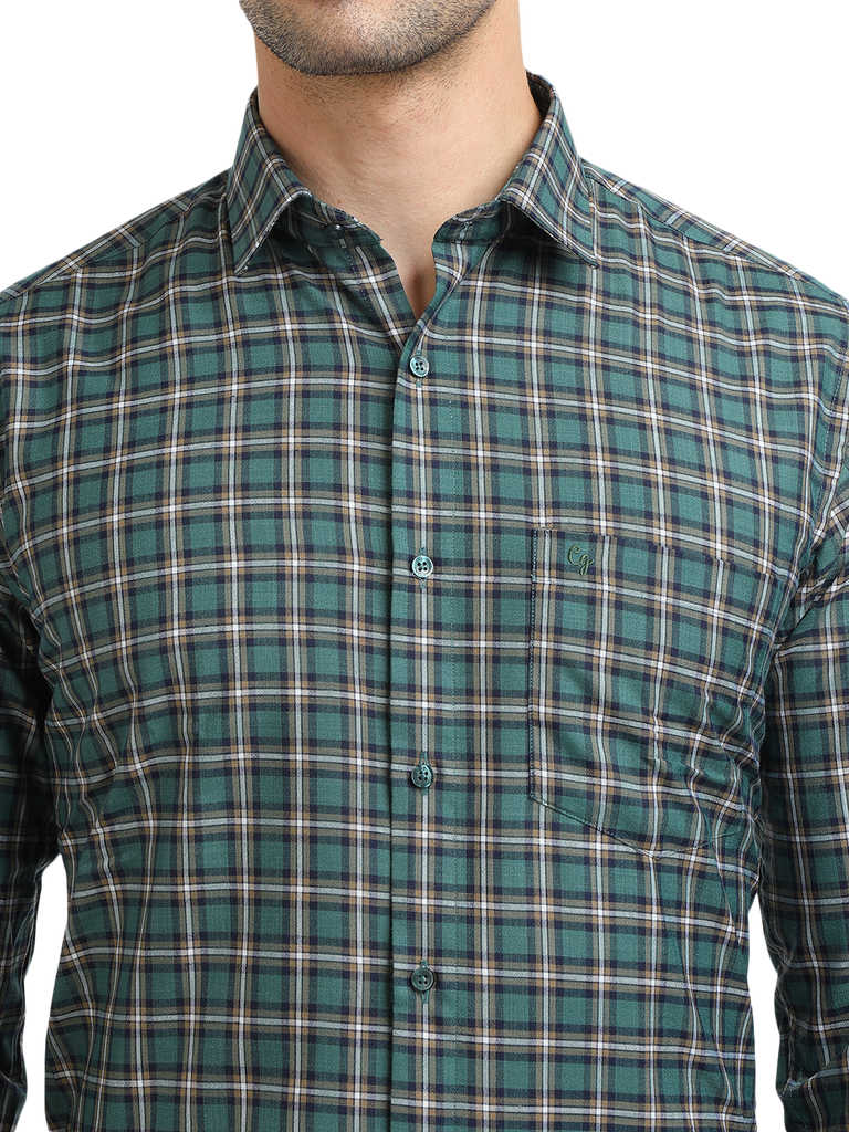 Model wearing Clarke Gable's Green With White Checked Formal Shirt in a casual setting