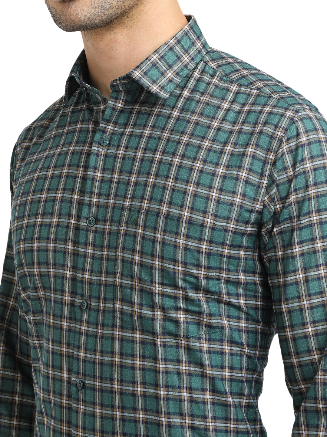 Model wearing Clarke Gable's Green With White Checked Formal Shirt in a casual setting