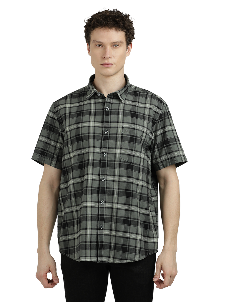 Model wearing Clarke Gable's Green With White Checked Semi Casual Shirt in a casual setting