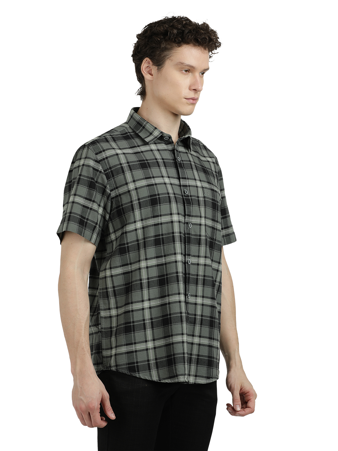 Model wearing Clarke Gable's Green With White Checked Semi Casual Shirt in a casual setting