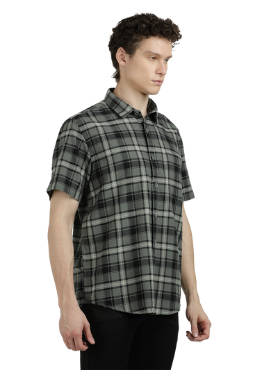 Model wearing Clarke Gable's Green With White Checked Semi Casual Shirt in a casual setting