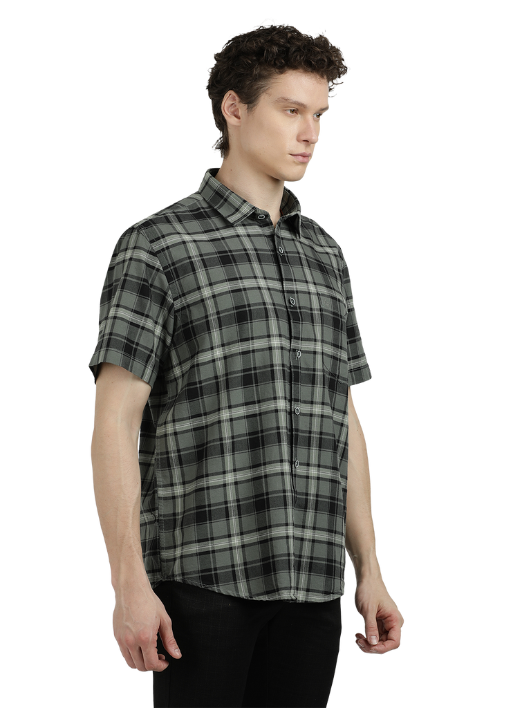 Model wearing Clarke Gable's Green With White Checked Semi Casual Shirt in a casual setting