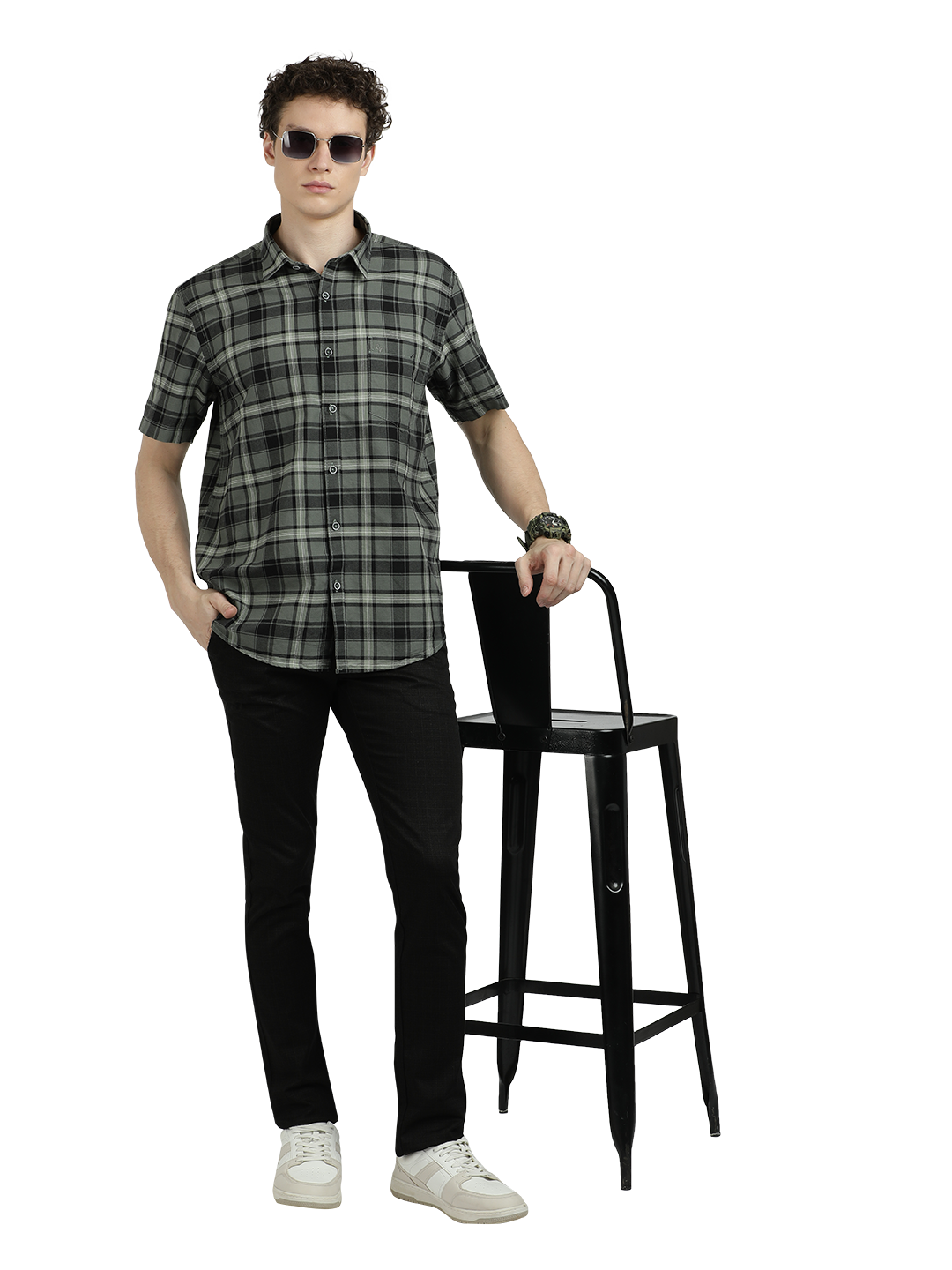 Model wearing Clarke Gable's Green With White Checked Semi Casual Shirt in a casual setting