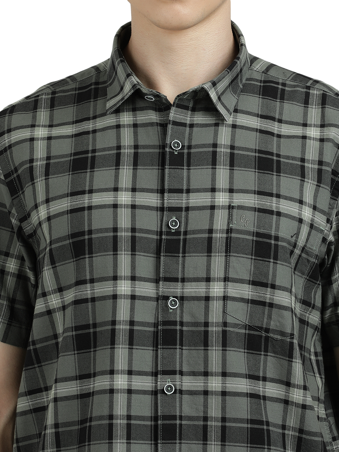 Model wearing Clarke Gable's Green With White Checked Semi Casual Shirt in a casual setting
