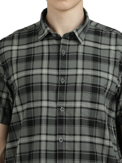 Model wearing Clarke Gable's Green With White Checked Semi Casual Shirt in a casual setting