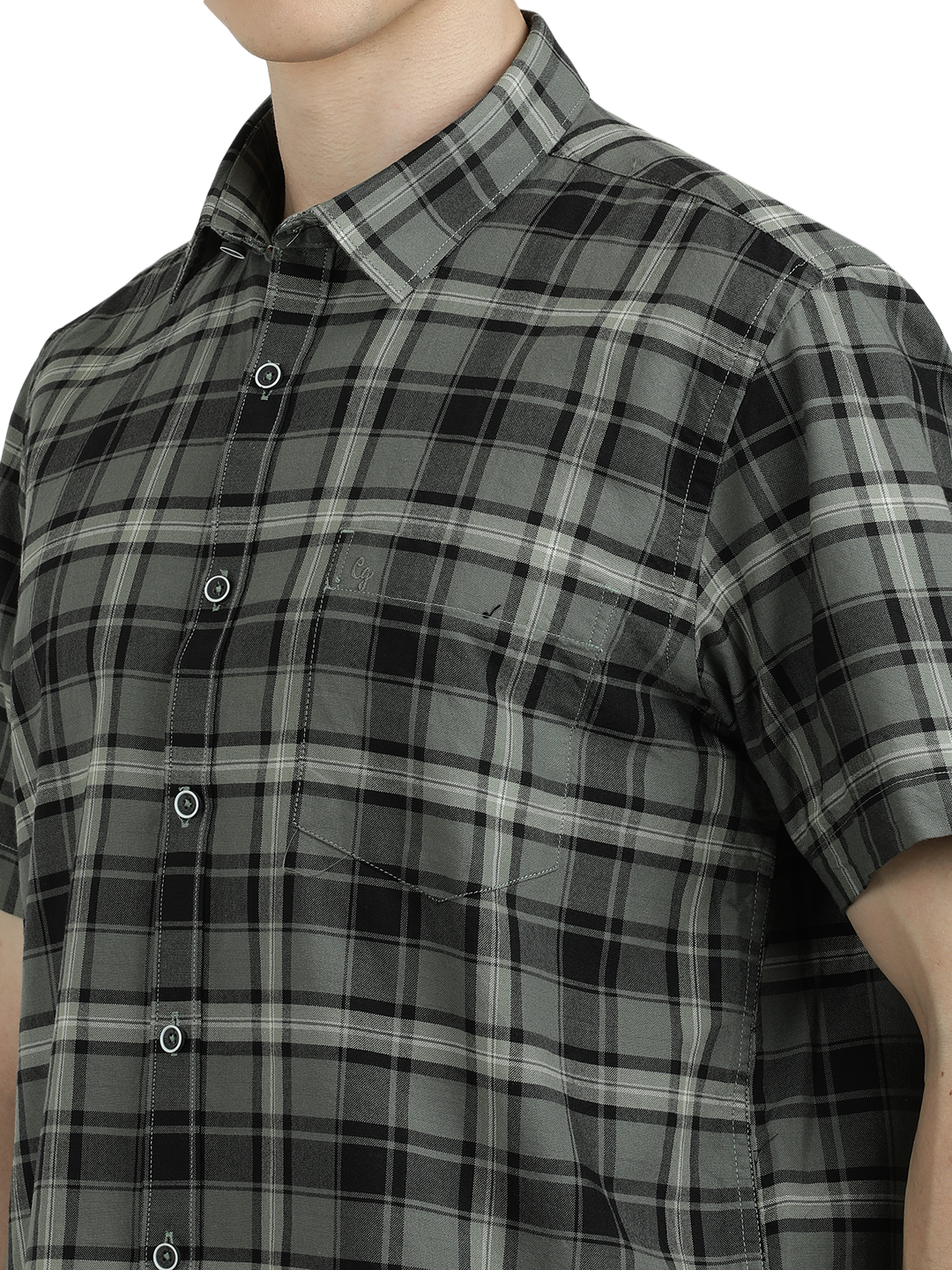 Model wearing Clarke Gable's Green With White Checked Semi Casual Shirt in a casual setting