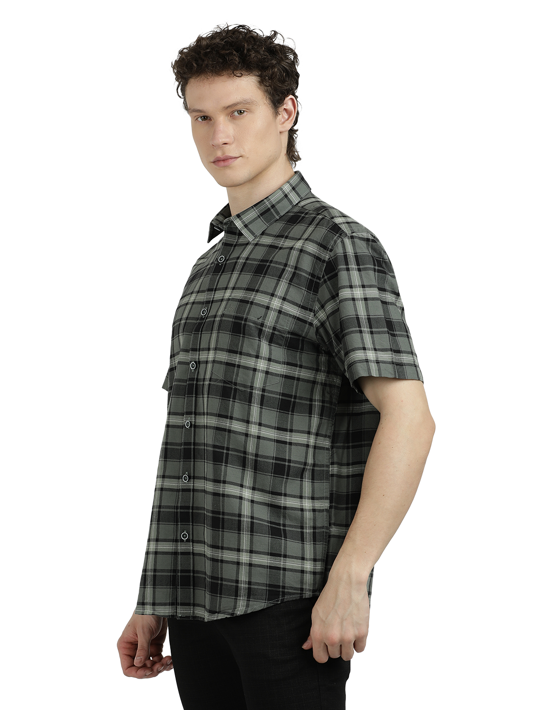 Model wearing Clarke Gable's Green With White Checked Semi Casual Shirt in a casual setting