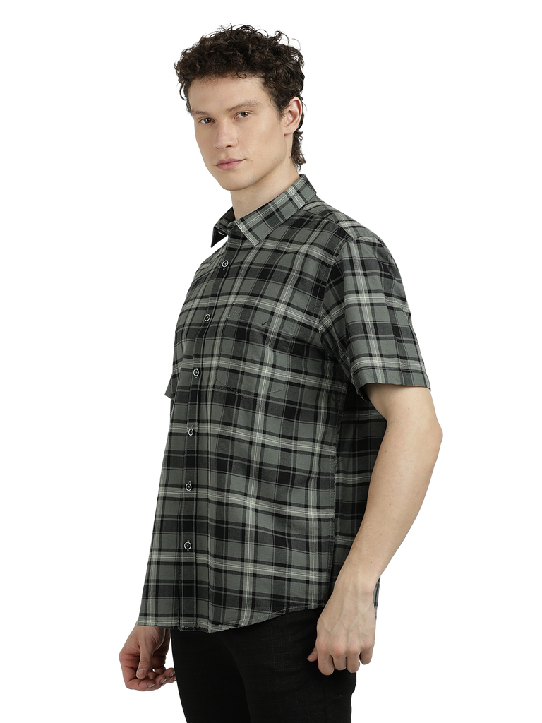 Model wearing Clarke Gable's Green With White Checked Semi Casual Shirt in a casual setting