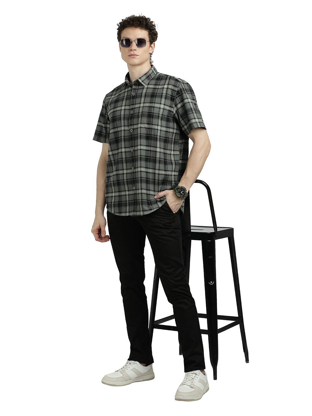 Model wearing Clarke Gable's Green With White Checked Semi Casual Shirt in a casual setting