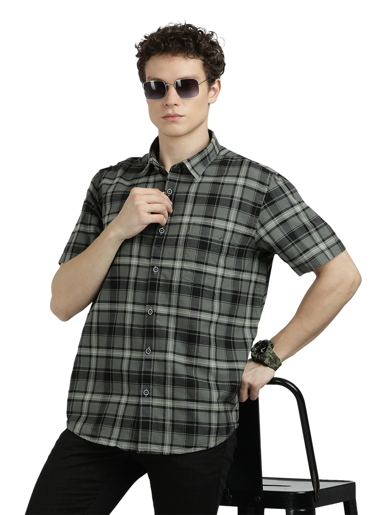 Model wearing Clarke Gable's Green With White Checked Semi Casual Shirt in a casual setting