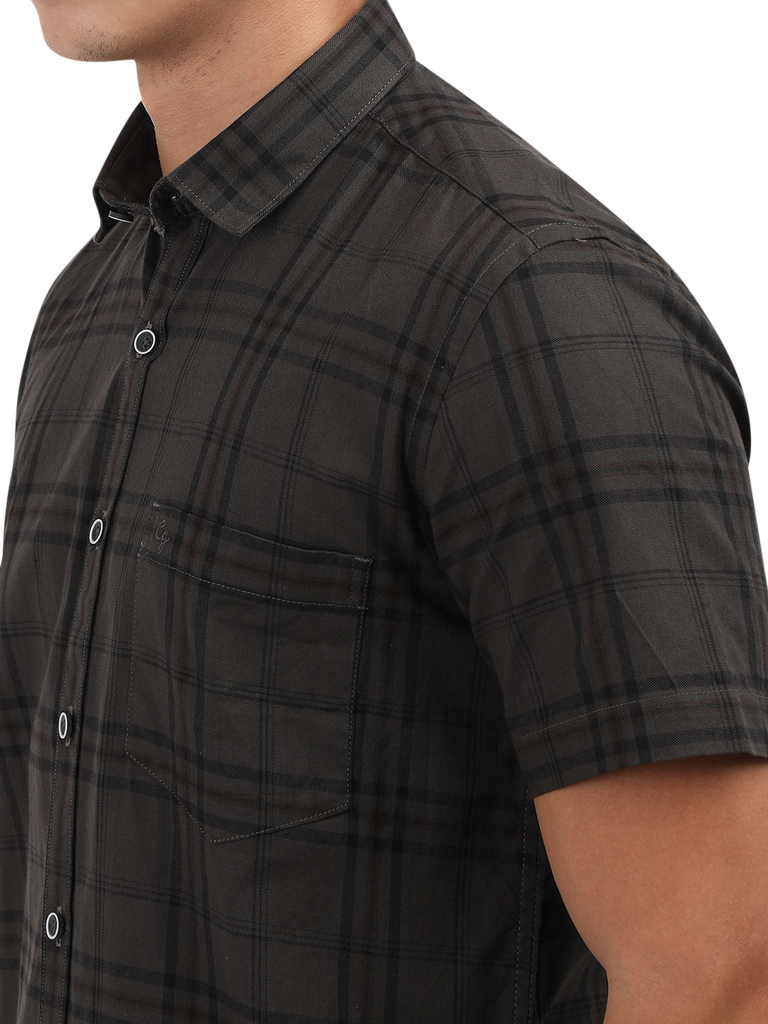 Model wearing Clarke Gable's Grey Checked Semi Casual Shirt in a casual setting