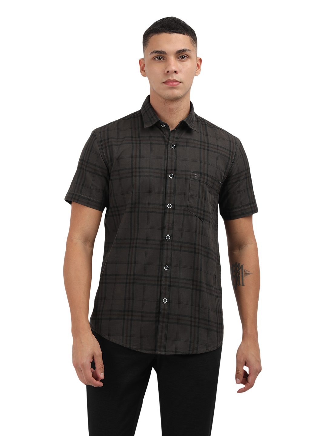 Model wearing Clarke Gable's Grey Checked Semi Casual Shirt in a casual setting