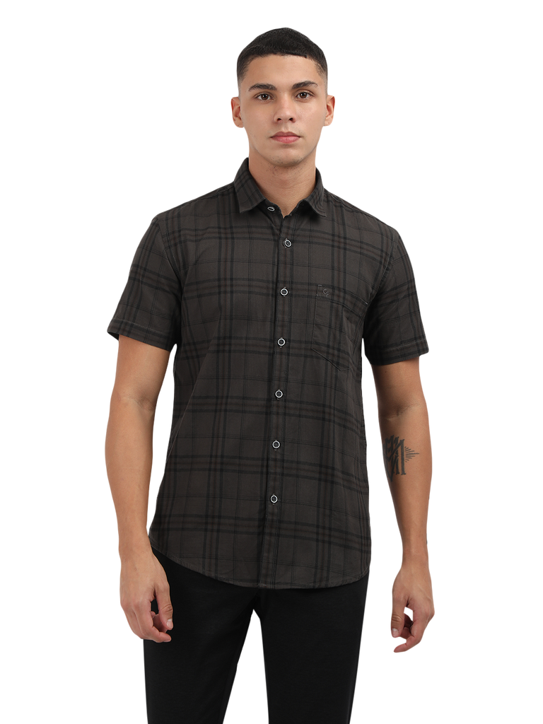 Model wearing Clarke Gable's Grey Checked Semi Casual Shirt in a casual setting