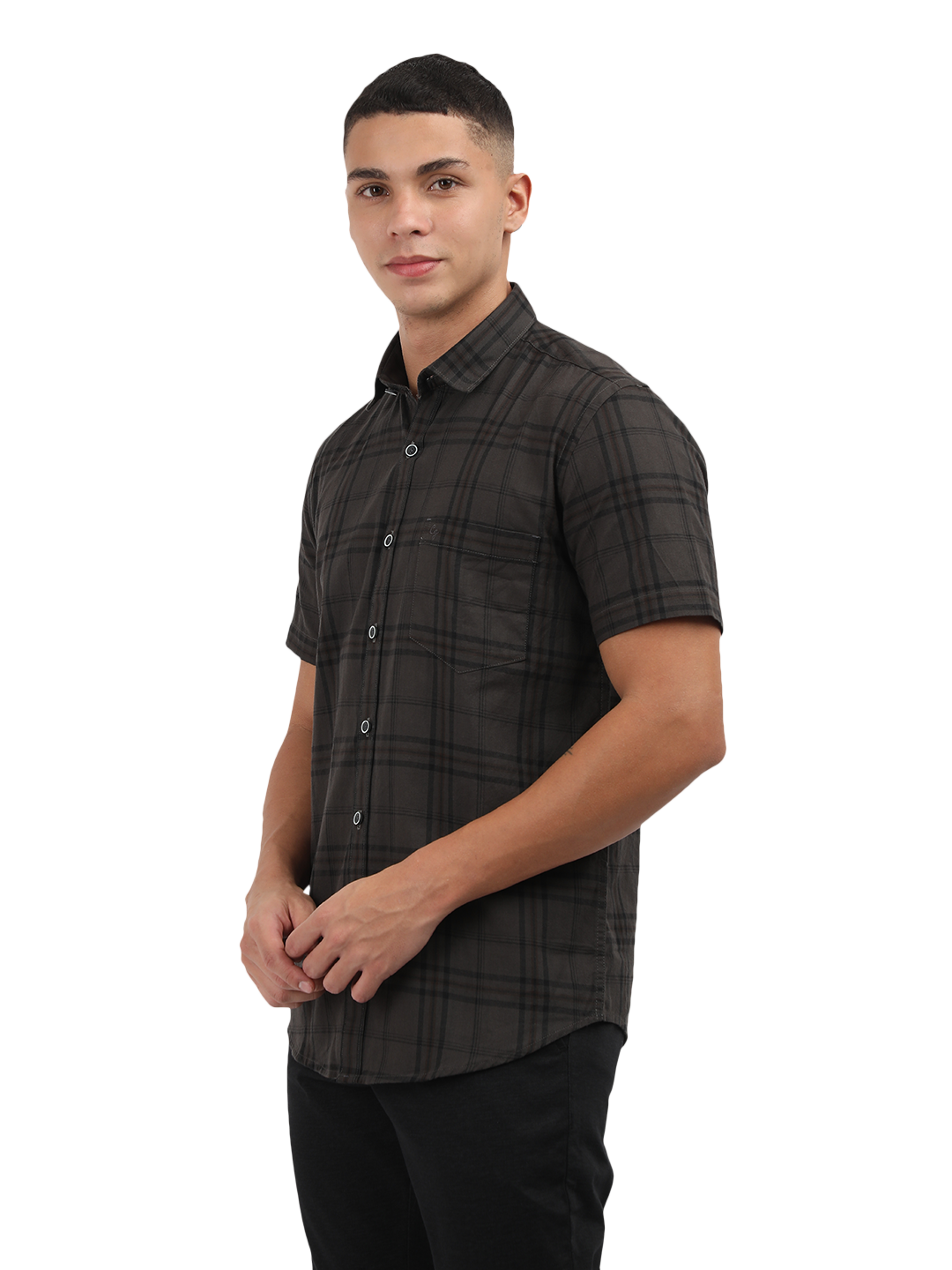 Model wearing Clarke Gable's Grey Checked Semi Casual Shirt in a casual setting