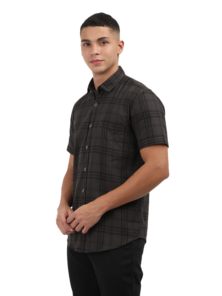 Model wearing Clarke Gable's Grey Checked Semi Casual Shirt in a casual setting