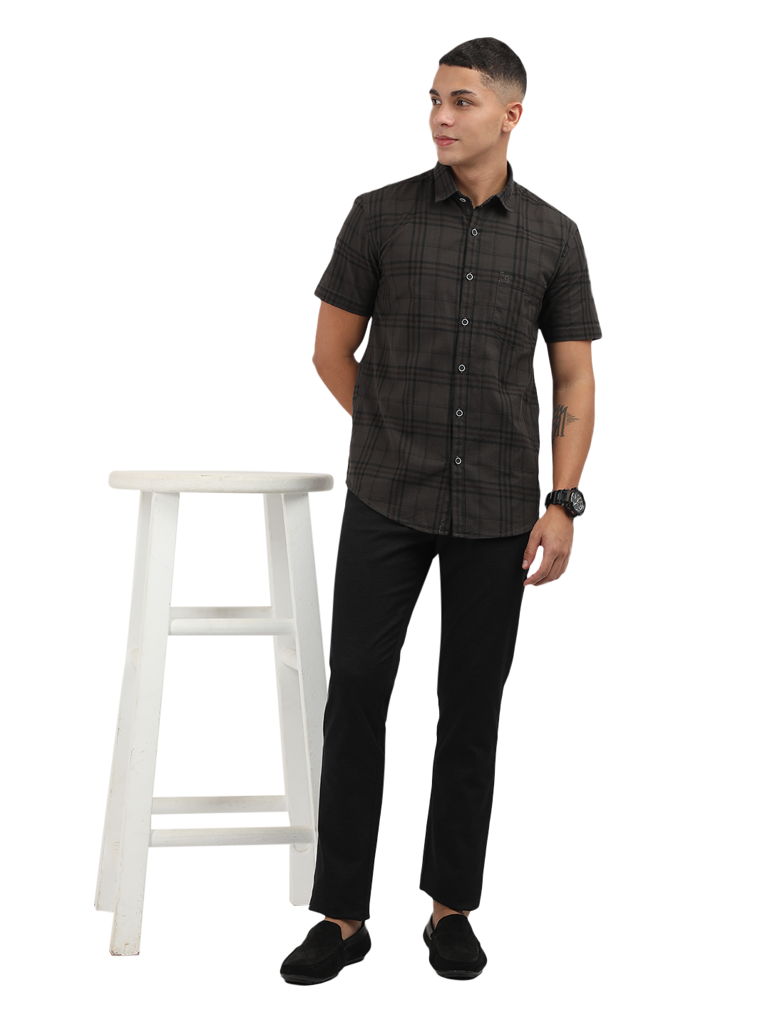 Model wearing Clarke Gable's Grey Checked Semi Casual Shirt in a casual setting