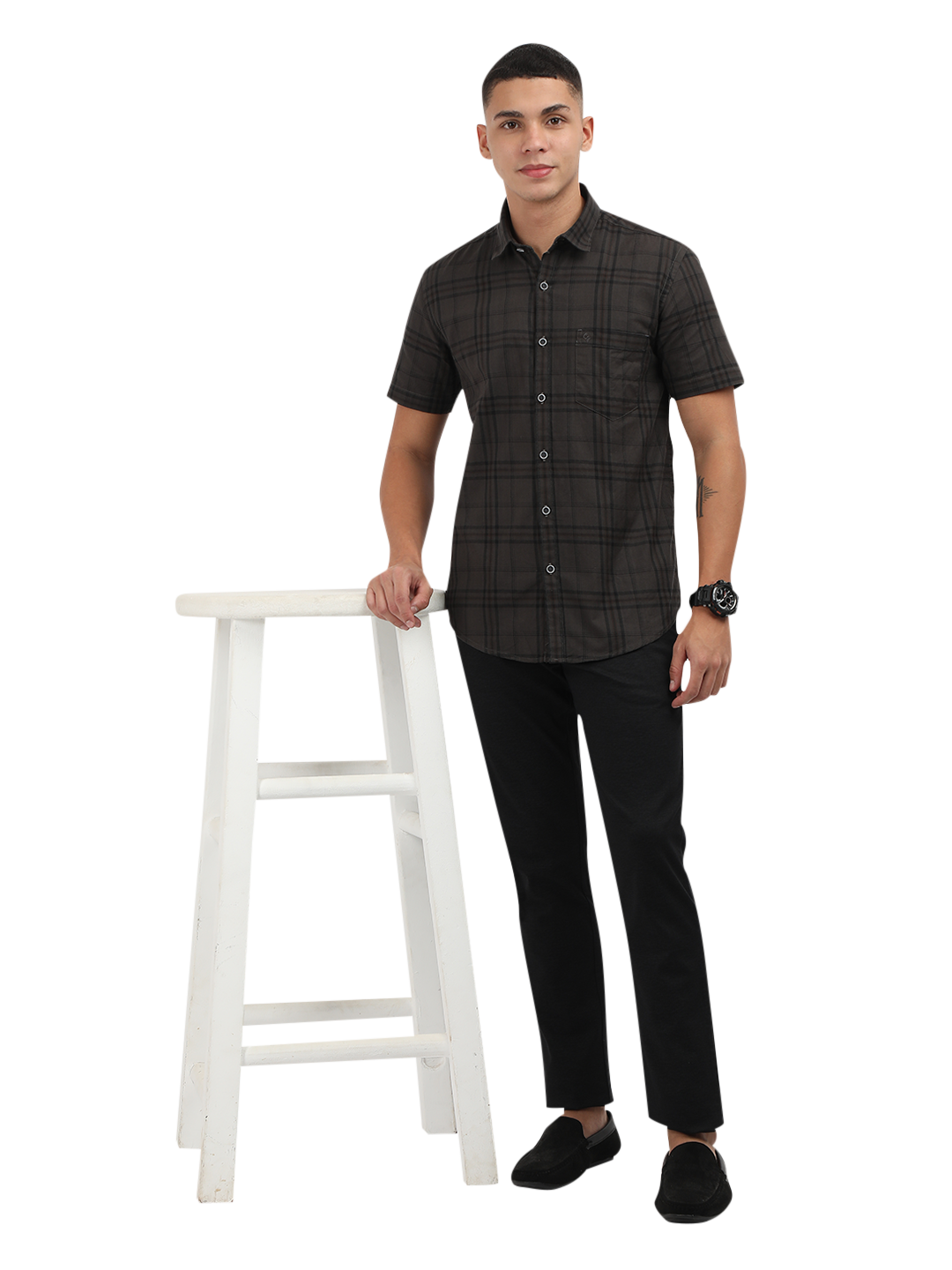 Model wearing Clarke Gable's Grey Checked Semi Casual Shirt in a casual setting