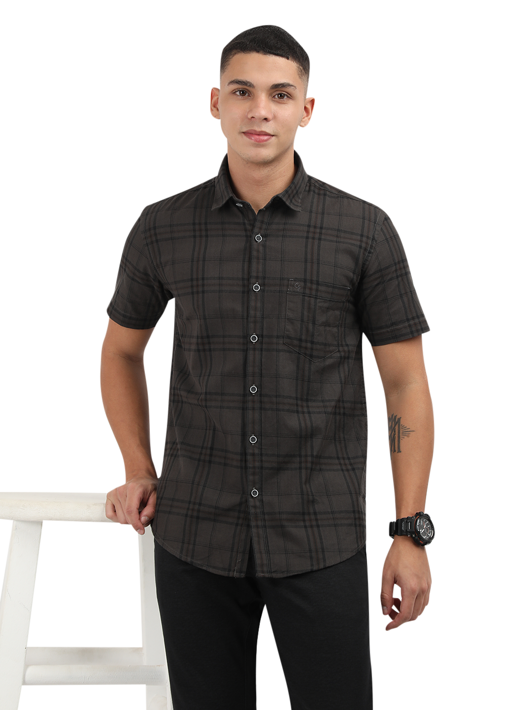 Model wearing Clarke Gable's Grey Checked Semi Casual Shirt in a casual setting