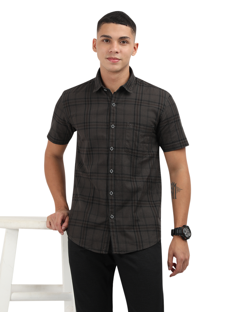 Model wearing Clarke Gable's Grey Checked Semi Casual Shirt in a casual setting