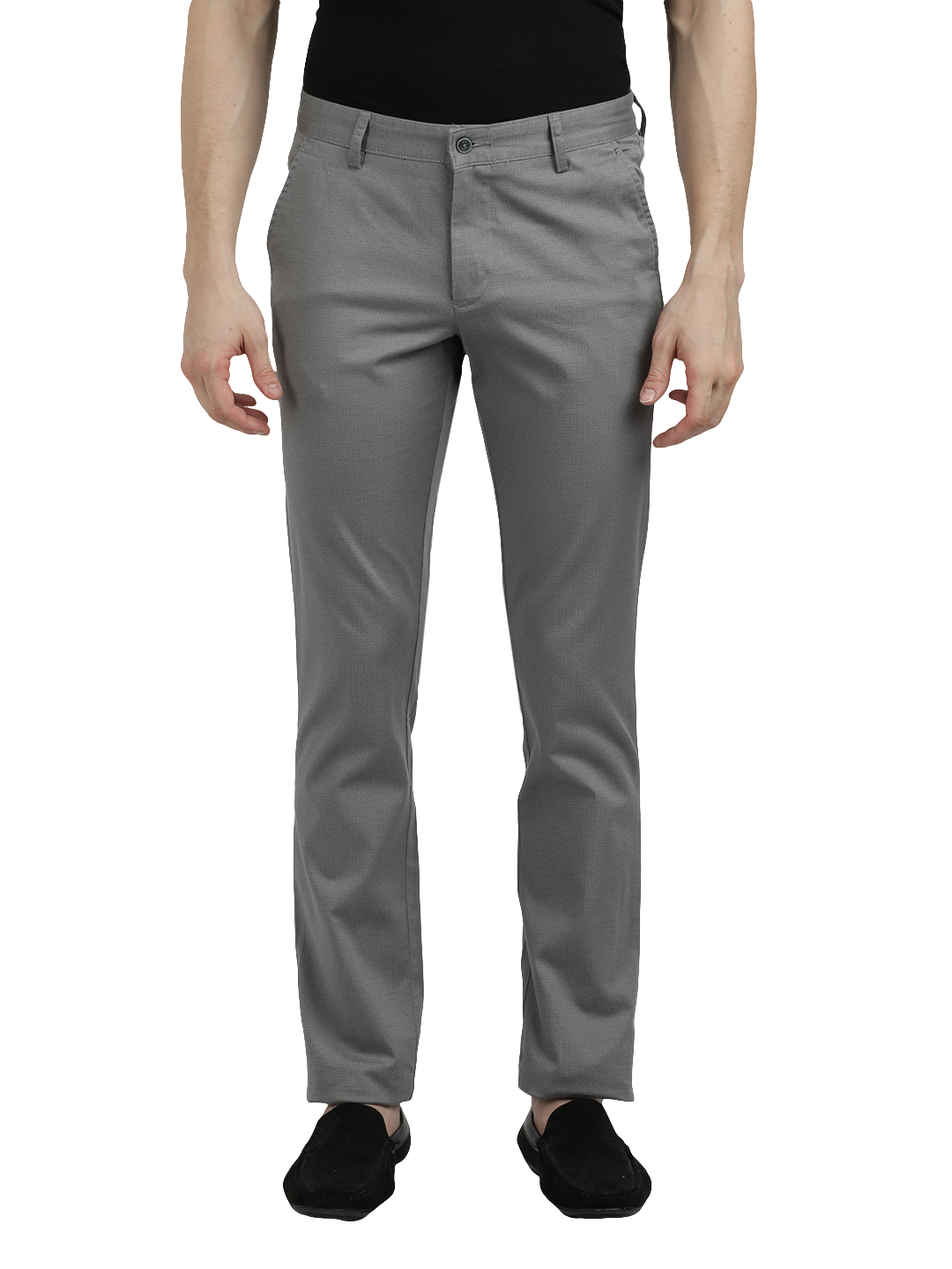 Model wearing Clarke Gable's Grey Custom Fit Trousers in a casual setting