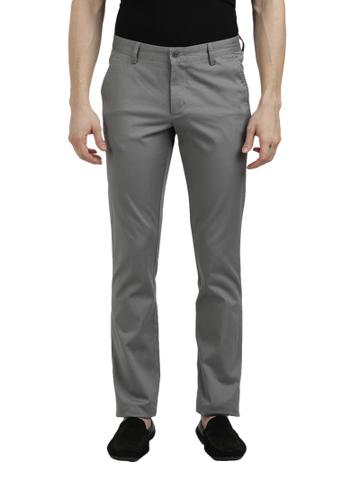 Model wearing Clarke Gable's Grey Custom Fit Trousers in a casual setting