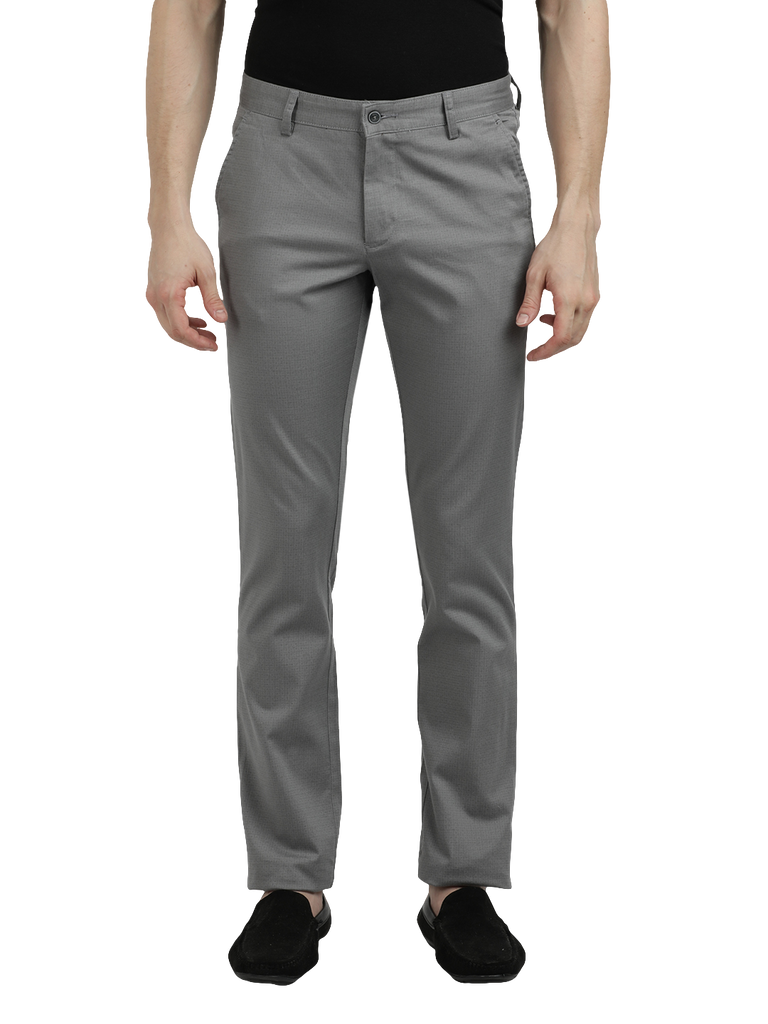 Model wearing Clarke Gable's Grey Custom Fit Trousers in a casual setting