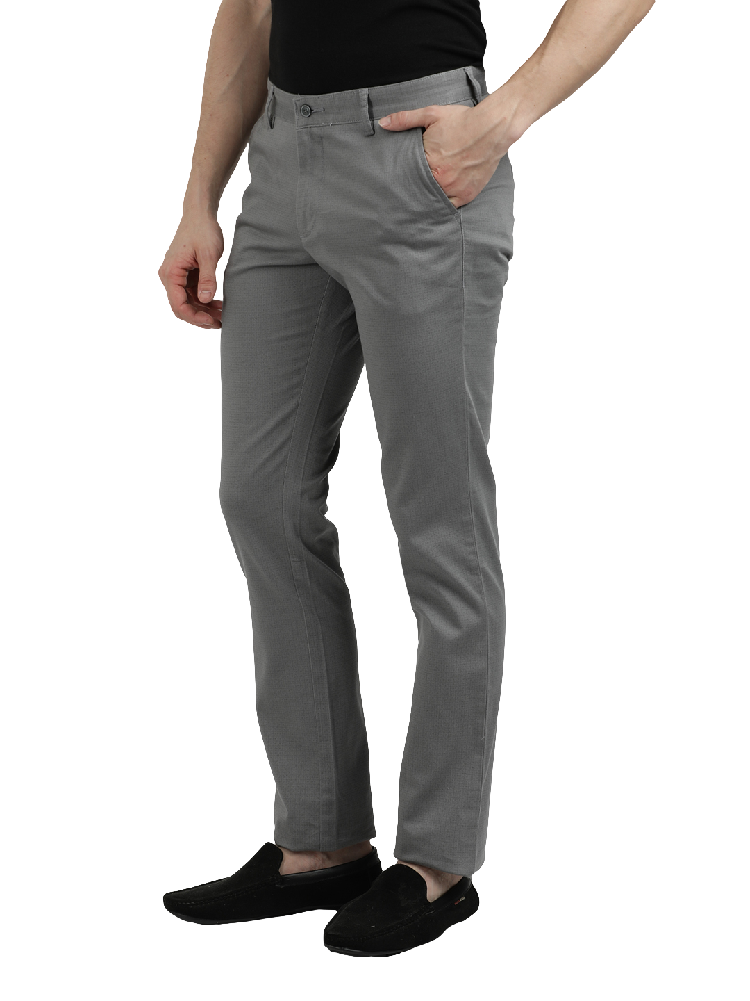 Model wearing Clarke Gable's Grey Custom Fit Trousers in a casual setting