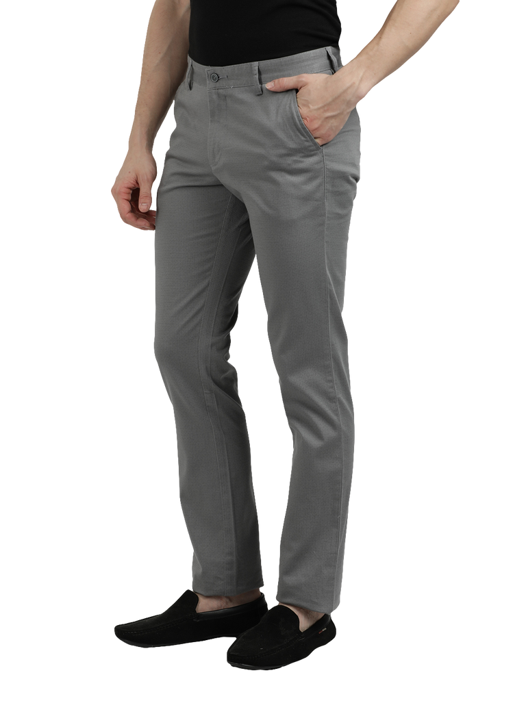 Model wearing Clarke Gable's Grey Custom Fit Trousers in a casual setting