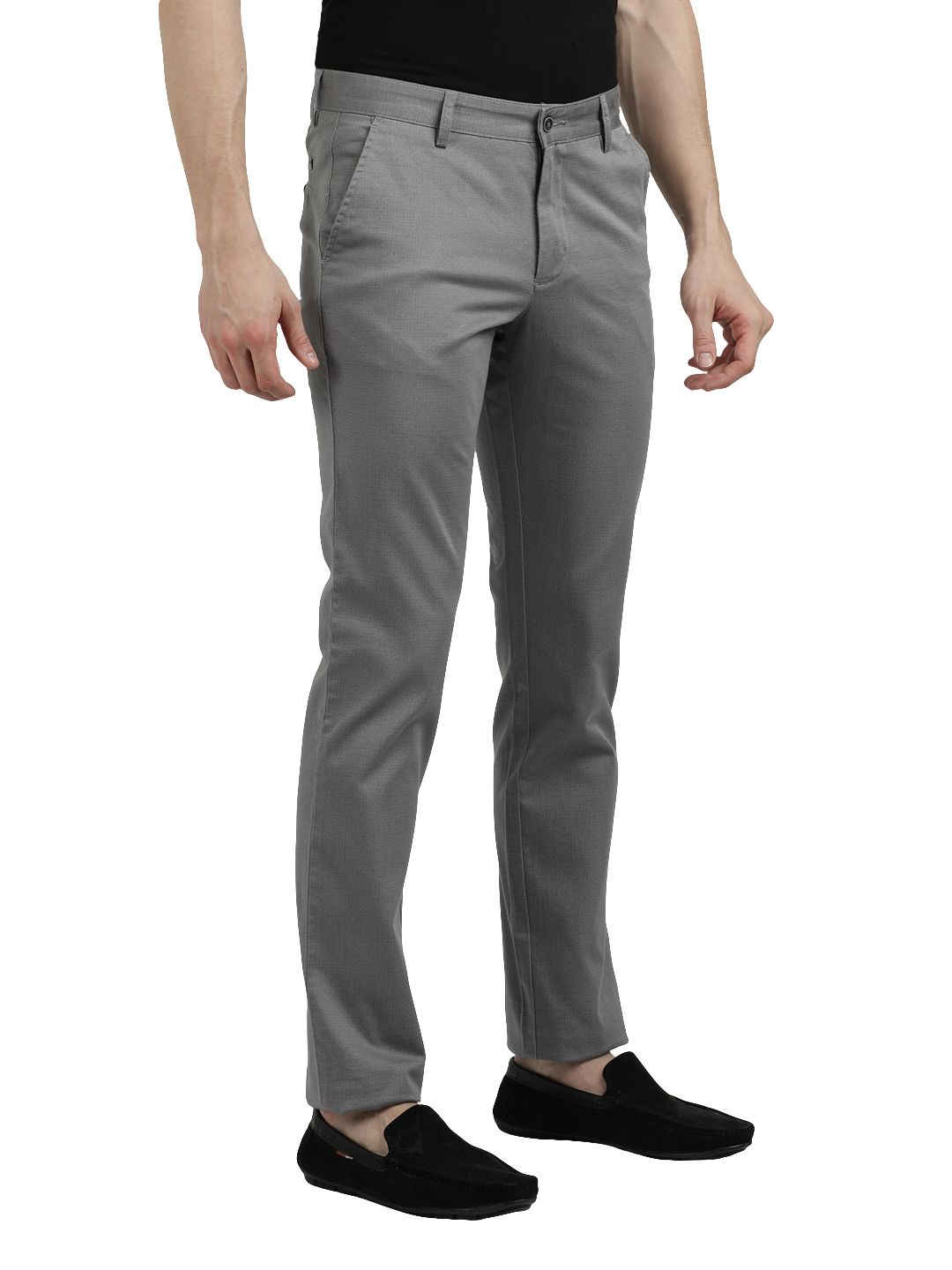 Model wearing Clarke Gable's Grey Custom Fit Trousers in a casual setting