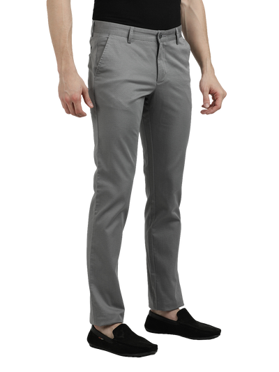 Model wearing Clarke Gable's Grey Custom Fit Trousers in a casual setting