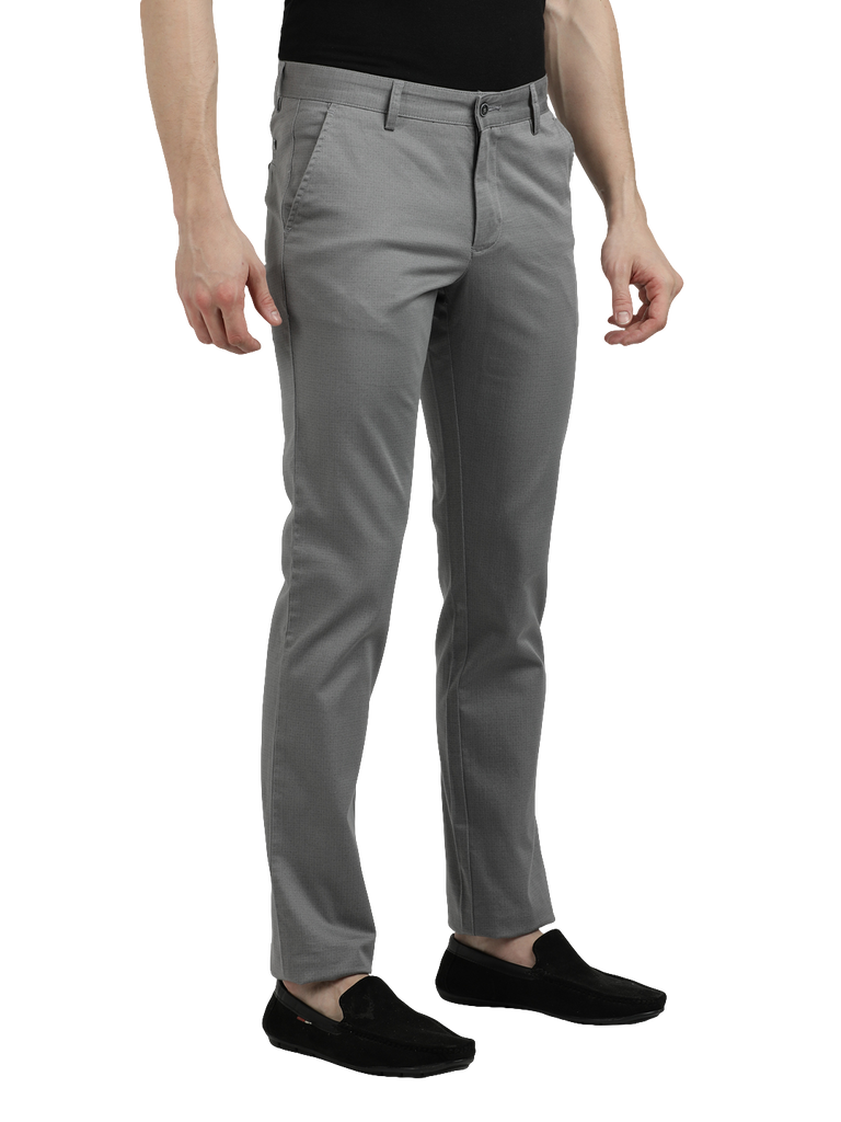 Model wearing Clarke Gable's Grey Custom Fit Trousers in a casual setting