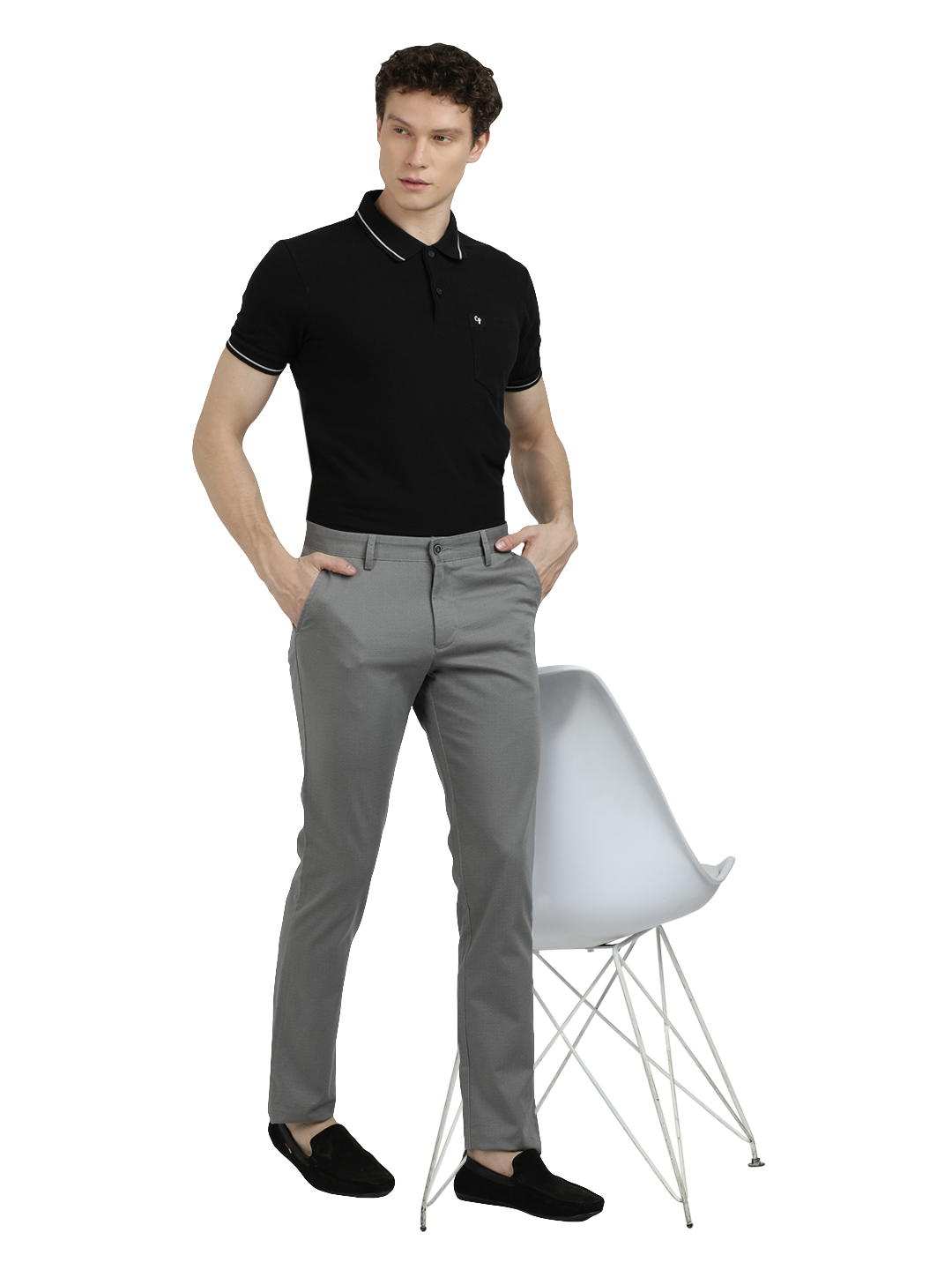 Model wearing Clarke Gable's Grey Custom Fit Trousers in a casual setting