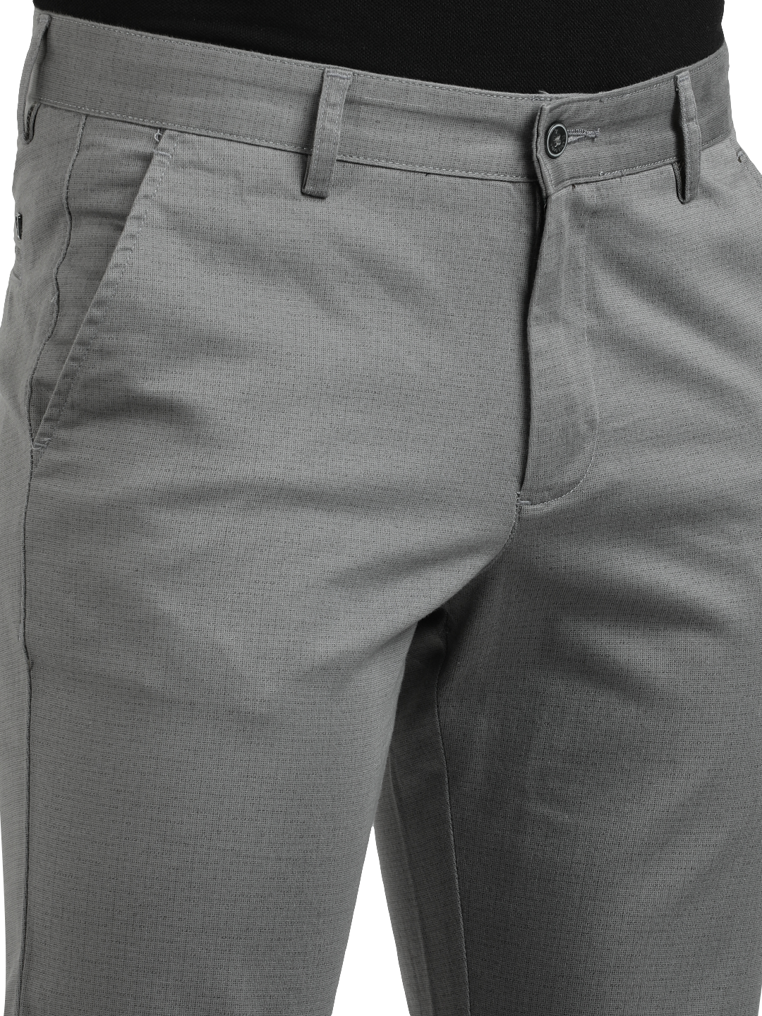 Model wearing Clarke Gable's Grey Custom Fit Trousers in a casual setting