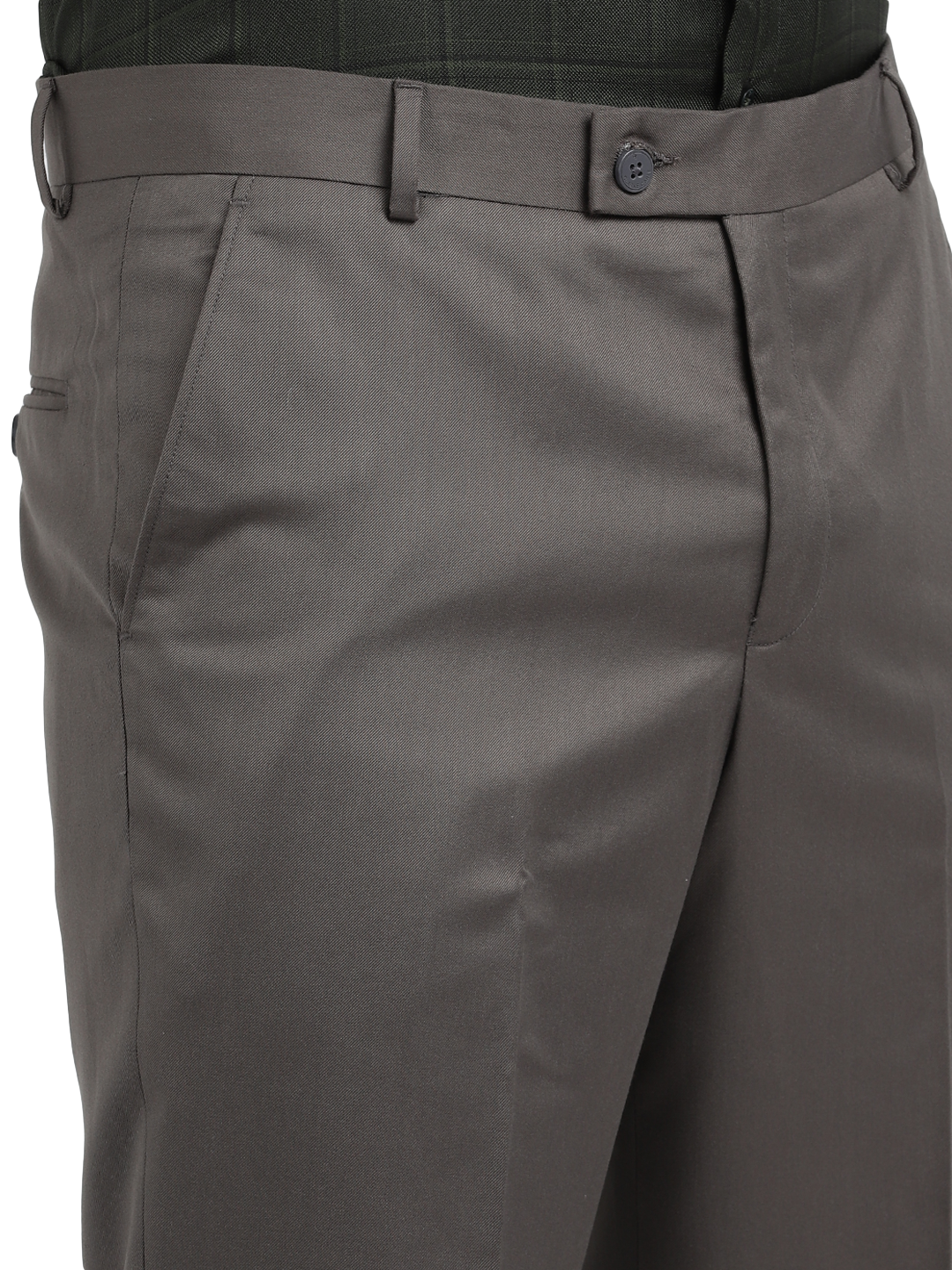 Model wearing Clarke Gable's Grey Smart Fit Trousers in a casual setting