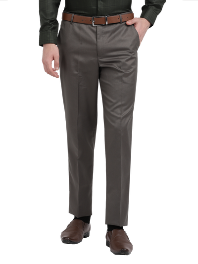 Model wearing Clarke Gable's Grey Smart Fit Trousers in a casual setting