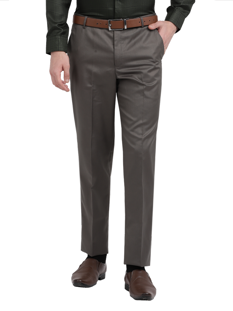 Model wearing Clarke Gable's Grey Smart Fit Trousers in a casual setting