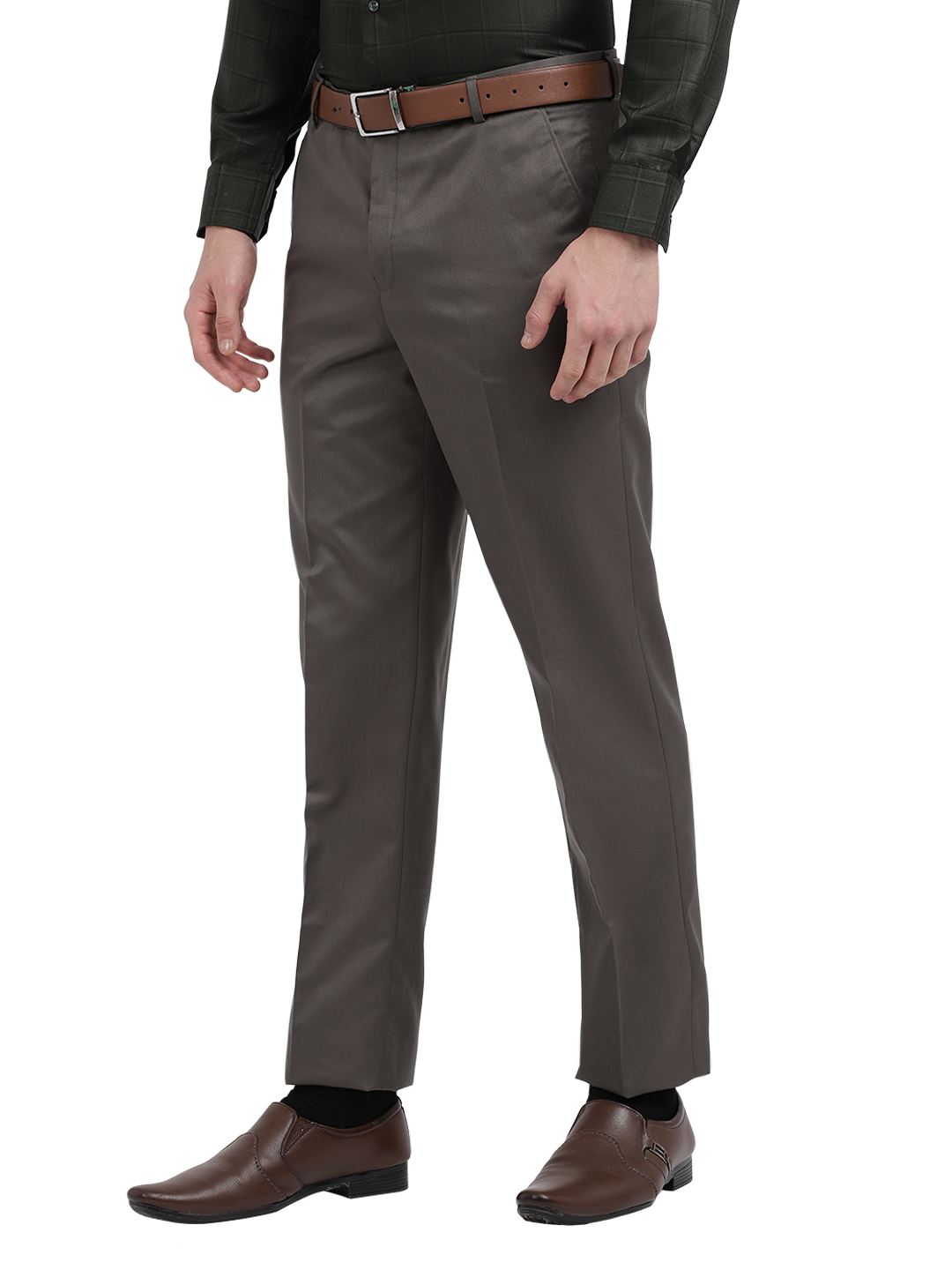 Model wearing Clarke Gable's Grey Smart Fit Trousers in a casual setting