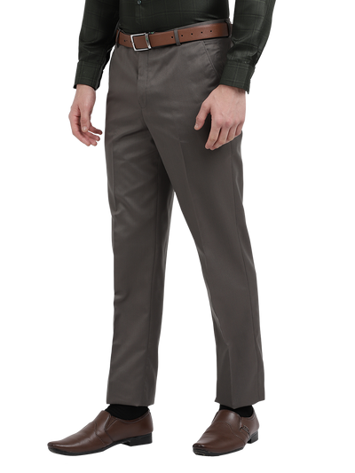 Model wearing Clarke Gable's Grey Smart Fit Trousers in a casual setting
