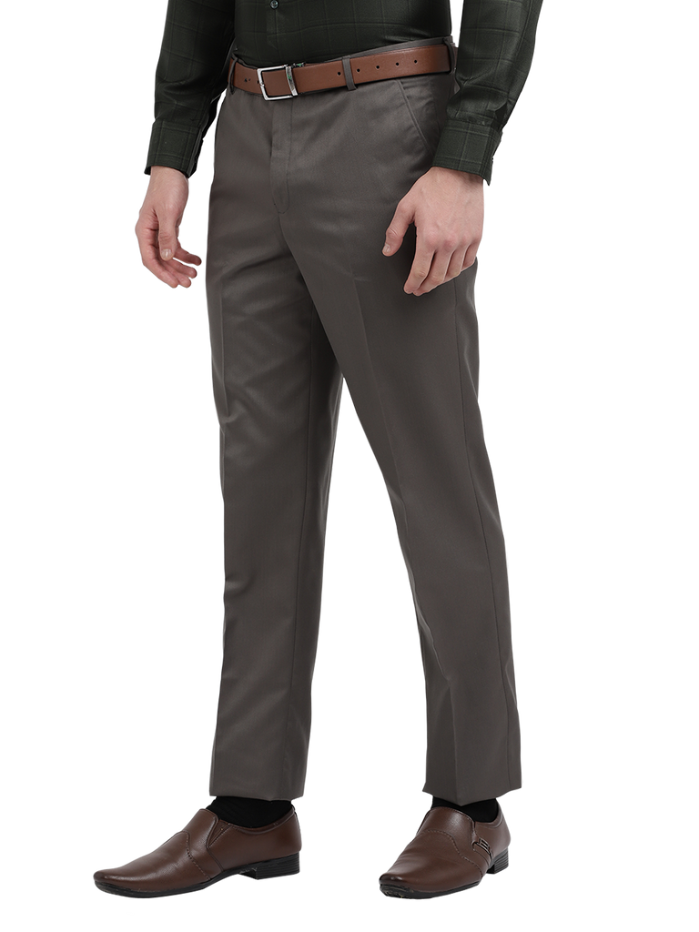 Model wearing Clarke Gable's Grey Smart Fit Trousers in a casual setting