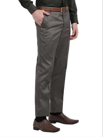 Model wearing Clarke Gable's Grey Smart Fit Trousers in a casual setting