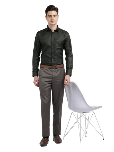 Model wearing Clarke Gable's Grey Smart Fit Trousers in a casual setting