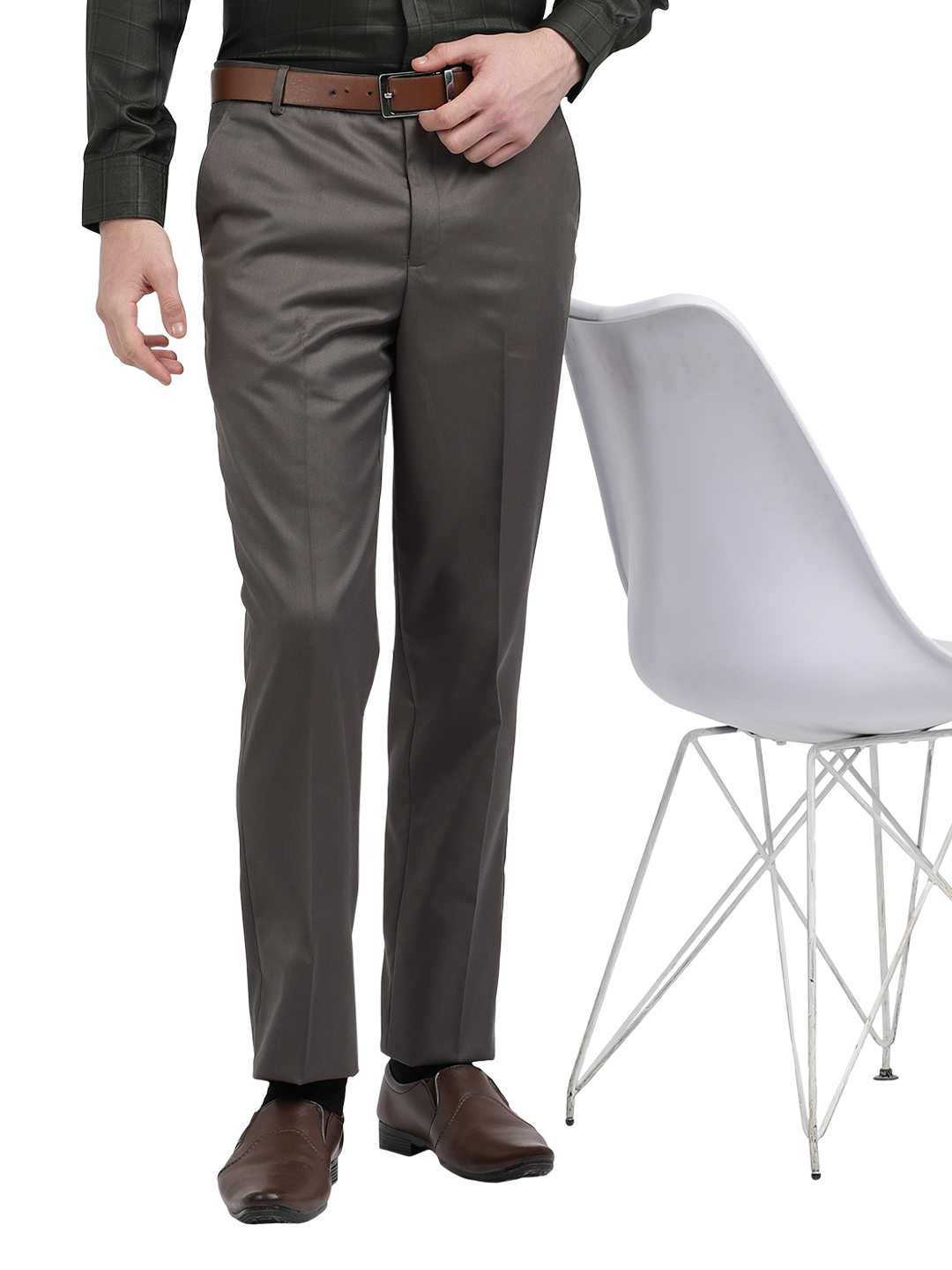 Model wearing Clarke Gable's Grey Smart Fit Trousers in a casual setting